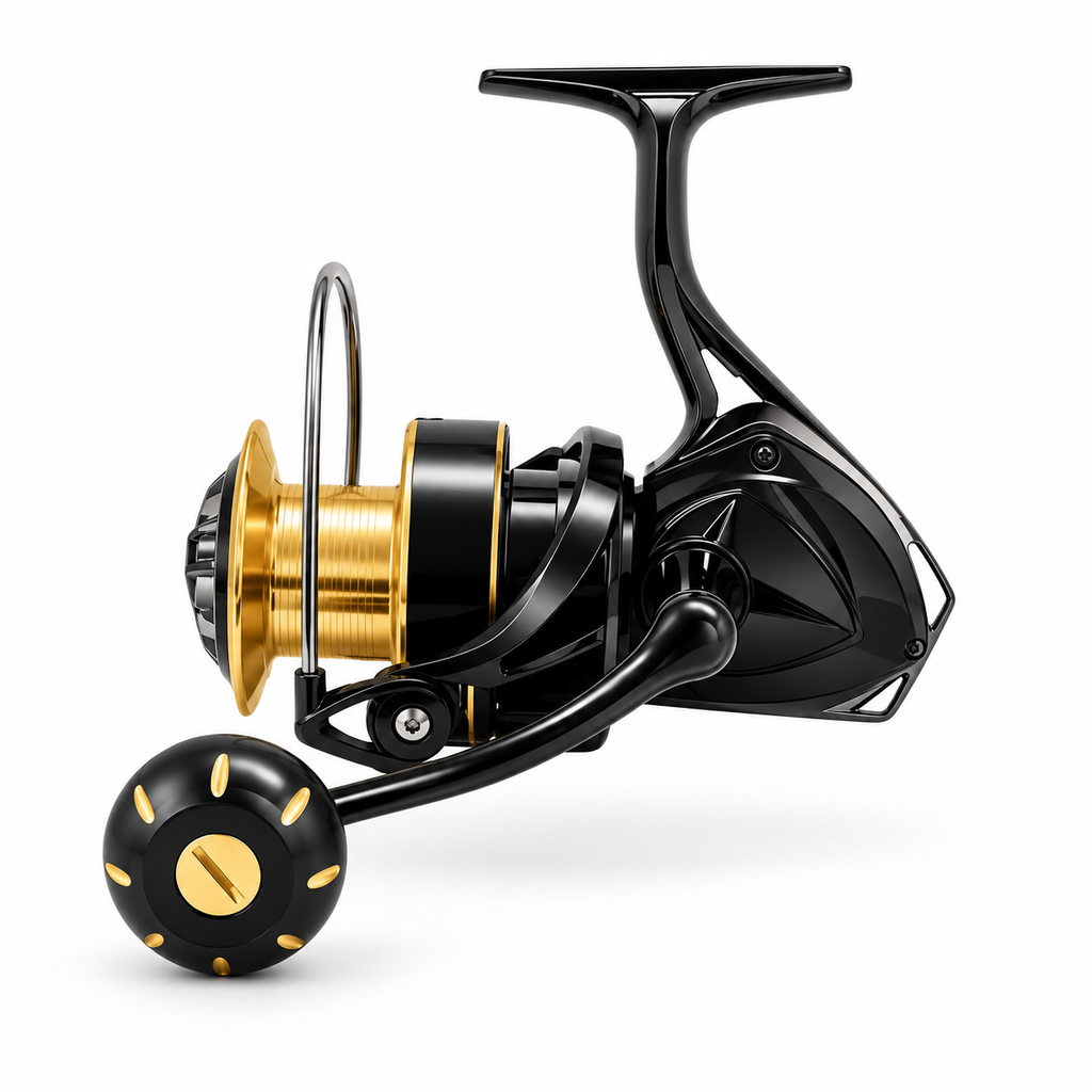 Metal Shallow-Spool Spinning Reel, Black and Gold
