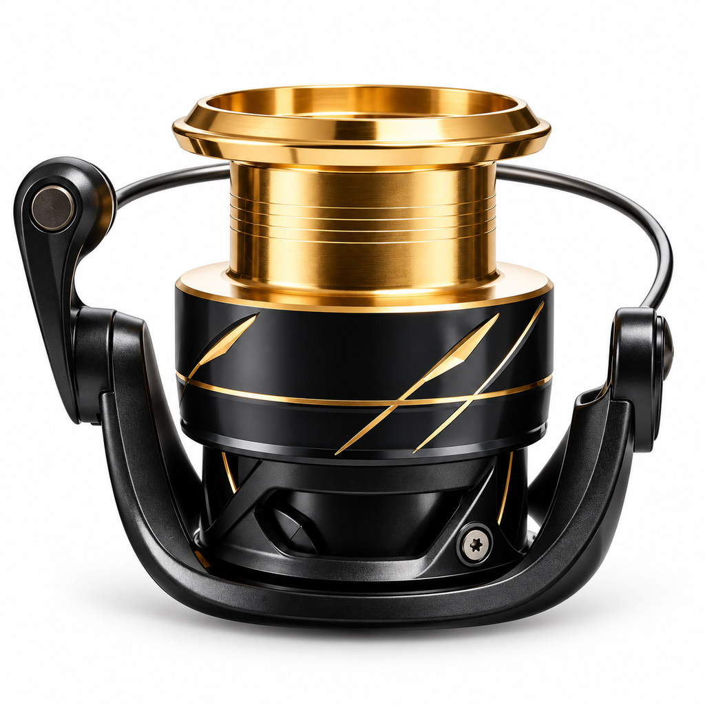 Metal Shallow-Spool Spinning Reel, Black and Gold