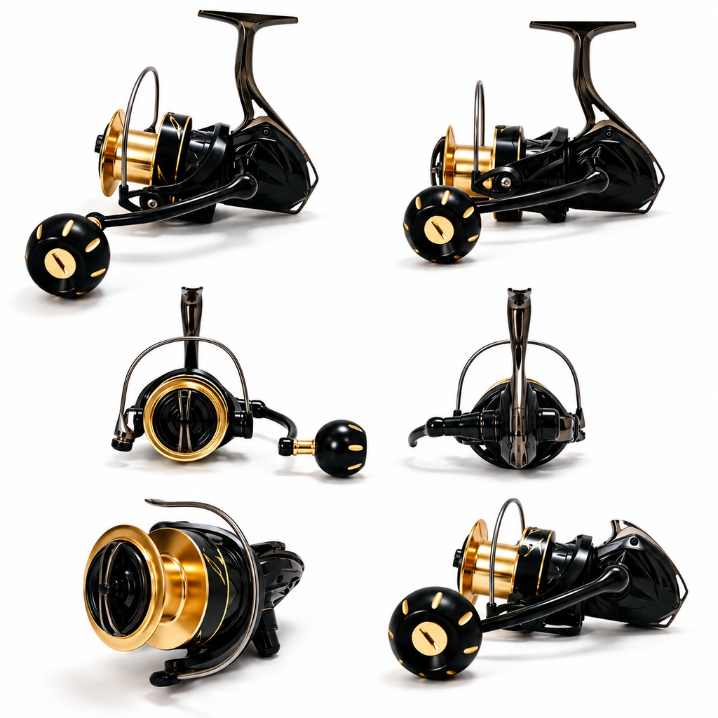 Metal Shallow-Spool Spinning Reel, Black and Gold