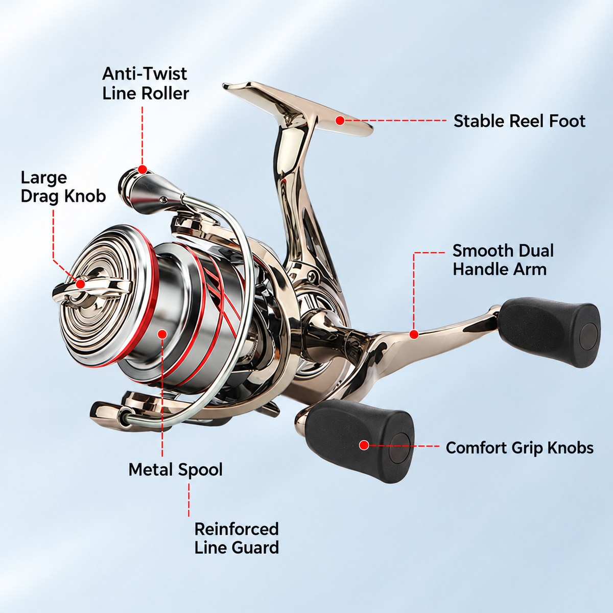 Metal Spool Spinning Fishing Reel, Silver and Red