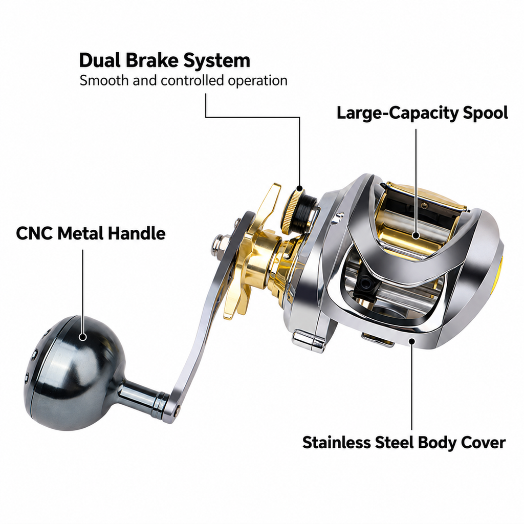 Metal Baitcasting Fishing Reel with Single Handle