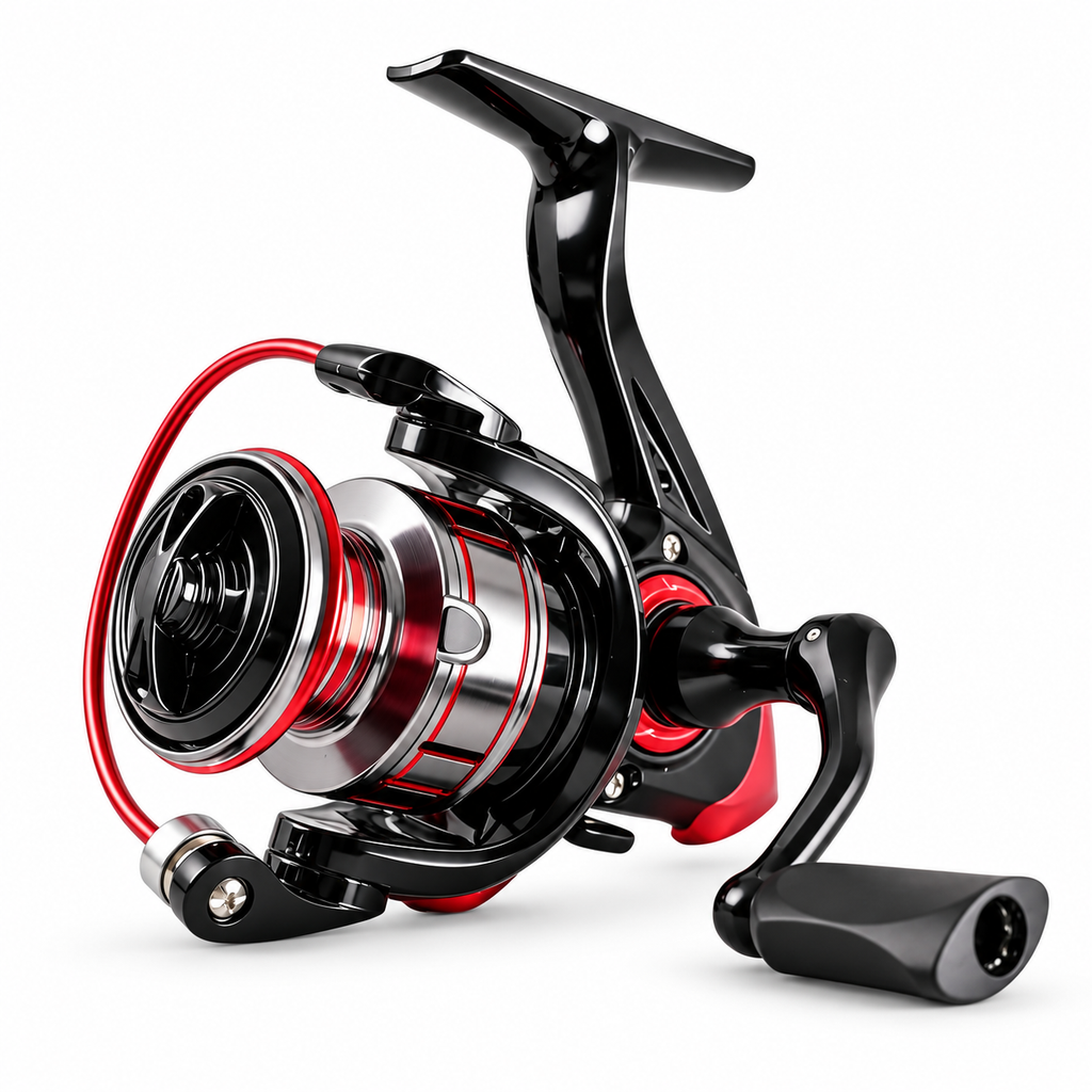 Black and Red Spinning Fishing Reel with Metal Spool