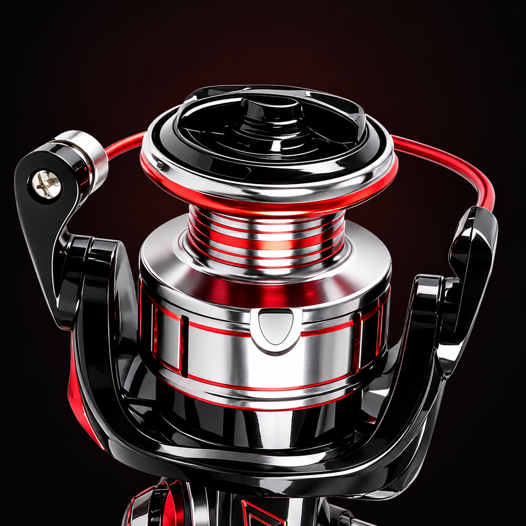 Black and Red Spinning Fishing Reel with Metal Spool