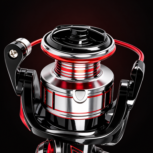 Black and Red Spinning Fishing Reel with Metal Spool