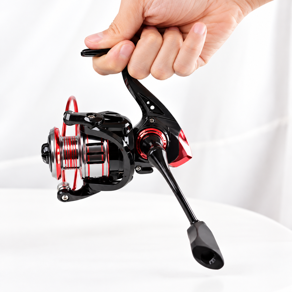 Black and Red Spinning Fishing Reel with Metal Spool